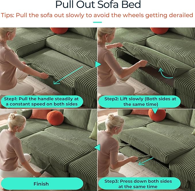 LINSY HOME Pull Out Sofa Bed Sectional Sleeper Sofa with Storage, Plush Corduroy Pullout Modular Sectional Couches for Living Room, U Shaped Convertible Couch Bed for Apartment (Green)