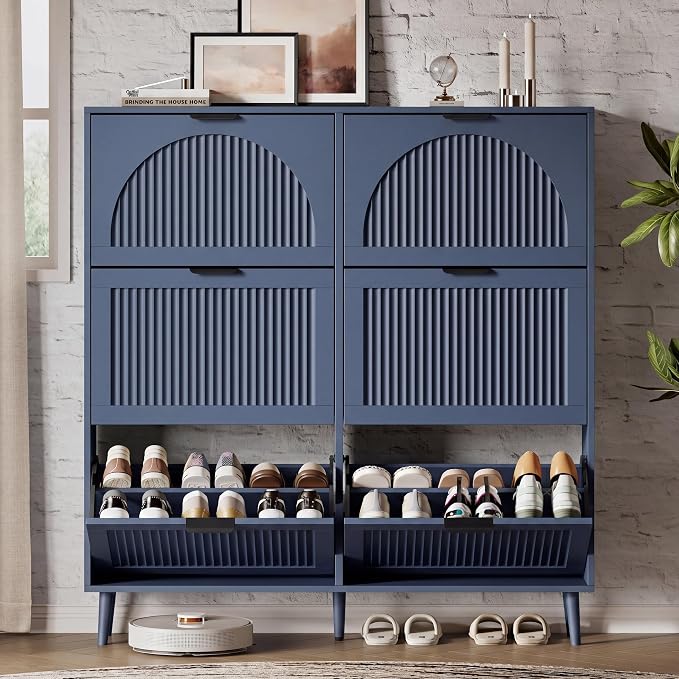 Xixini Shoe Storage Cabinet with 6 Flip Drawers, 50" Tall Narrow Wood Fluted Shoe Organizer for Entryway, Freestanding Wooden Hidden Slim Shoe Rack for Front Door Entrance, Hallway, Foyer, Navy Blue