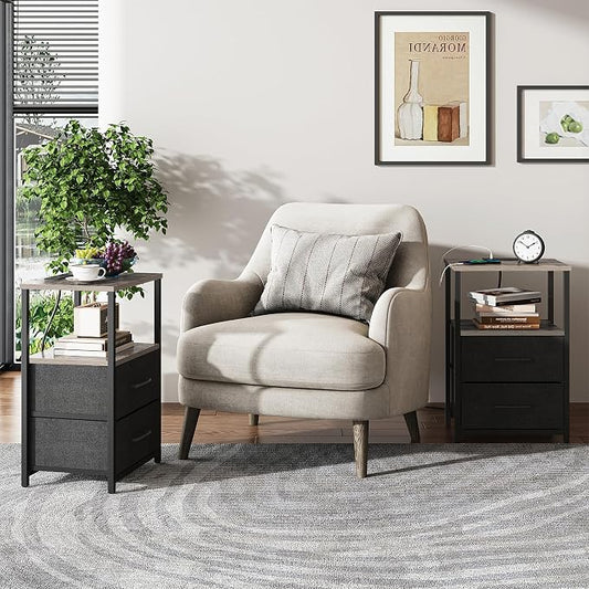 TUTOTAK End Table with Charging Station, Side Table with 2 USB Ports and Outlets, Nightstand with Cloth Drawer, Set of 2, Couch Table, Greige TB01BG052