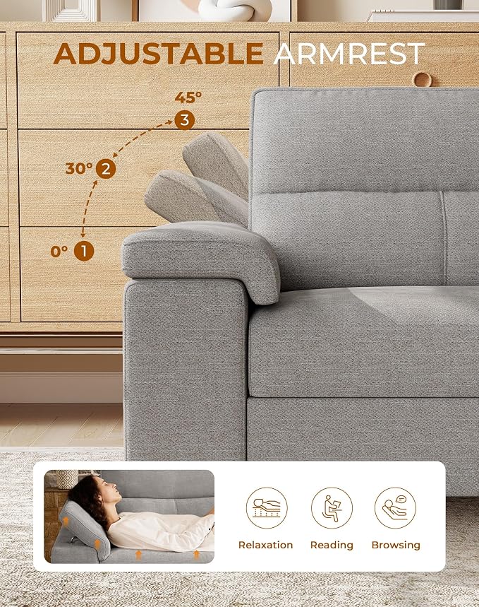 88.97" L Shaped Sectional Couches for Living Room, Deep Seat Sofa with Storage Ottoman & 8”Cushion, Comfy 2-Seater Chenille Loveseat, Convertible Armrest, Removable Cover for Small Space(Light Gray)