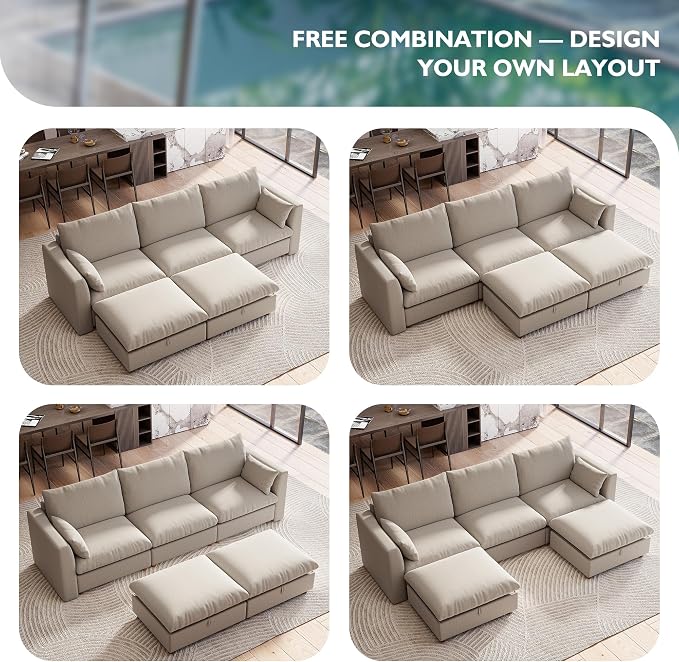 Ihanherry 117" Oversized Modular Sectional Sofa, Modern U Shaped Cloud Couch with 2 Storage Ottoman, 5-Seat Comfy Chenille Deep Seat Sofa with 2 Pillows for Living Room, Khaki