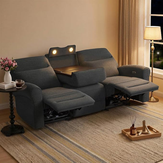 MCombo 87.8" Wall Hugger Power Reclining Sofa with Drop Down Table, 3-Seater Recliner Couch for Small Spaces Living Room RV, USB Ports, Fabric PR635M3 (Dark Grey)