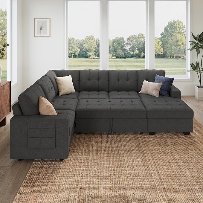HONBAY Modular Sectional Sleeper Sofa with Pull Out Bed, U Shaped Sleeper Couches with Storage Chaise, 114'' Sleeper Sectional Sofas for Living Room, Apartment (Dark Grey)
