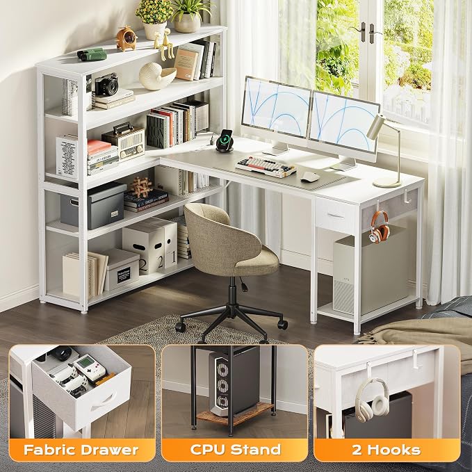 PRAISUN 57 Inch L Shaped Gaming Computer Desk with Larger Open Cabinet, Reverisble Office Desk with Power Outlets, LED Lights, Work Desk, Fabric Drawer, Adjustable Wood and Mesh Shelf, White