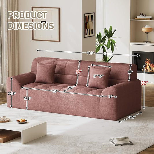 91.5" Modern Boneless Couch for Living Room, Comfy Cloud Sectional Sofa with Deep Seat, Chenille Love Seat Oversized Upholstered 3-Seater Sofa, No Assembly Required Tufted Sofas, Pink