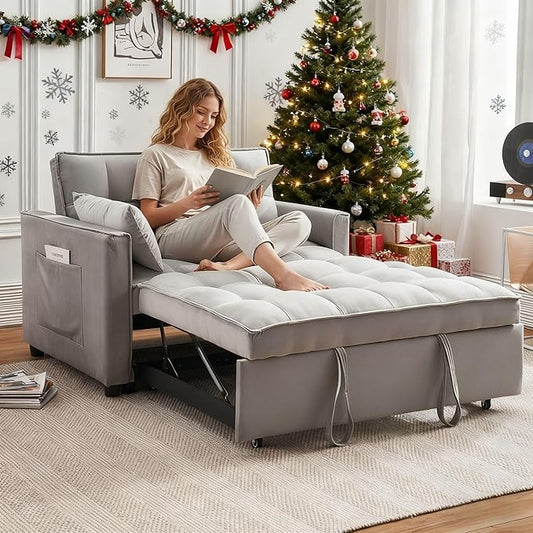 3-in-1 Loveseat Sleeper Sofa, Modern 55.5" Pull Out Couch, Velvet Upholstered Futon Sofa Bed with Adjustable Backrest, Convertible Sofa Bed with Storage Pockets for Living Room(Light Grey)