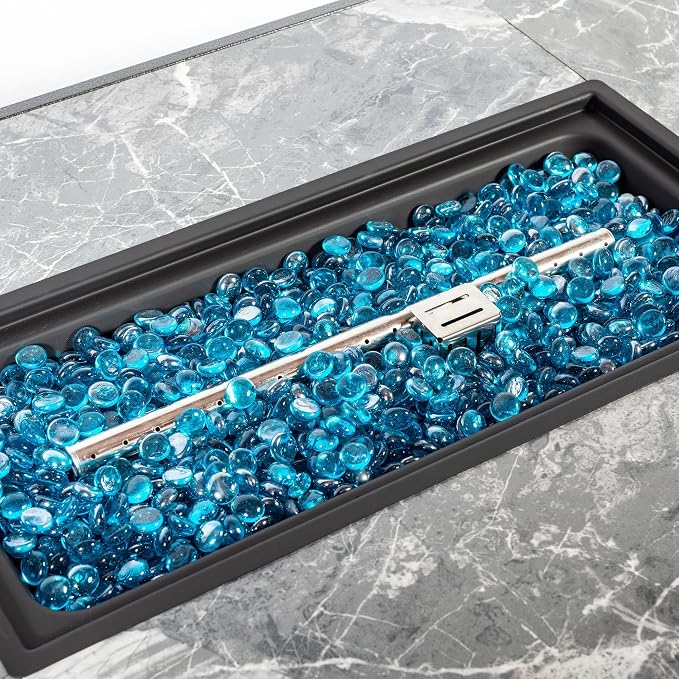 42" Propane Gas Fire Pit Table 50000 BTU Rectangular Outdoor Fire Pit with Marble Tile Tabletop Glass Wind Guard, Steel Patio Fire Table & Lid, Blue Glass Beads & Rain Cover for Backyard Garden, Gray