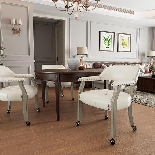 LEEMTORIG Large Dining Chairs with Casters and Arms, Rolling Dining Chairs with Wheels, Accent Game Poker Table Chairs, Solid Wood Office Chairs, 26“Dx25.2 Wx31.5“H, Grey Legs & Ivory PU SY-1318-WT