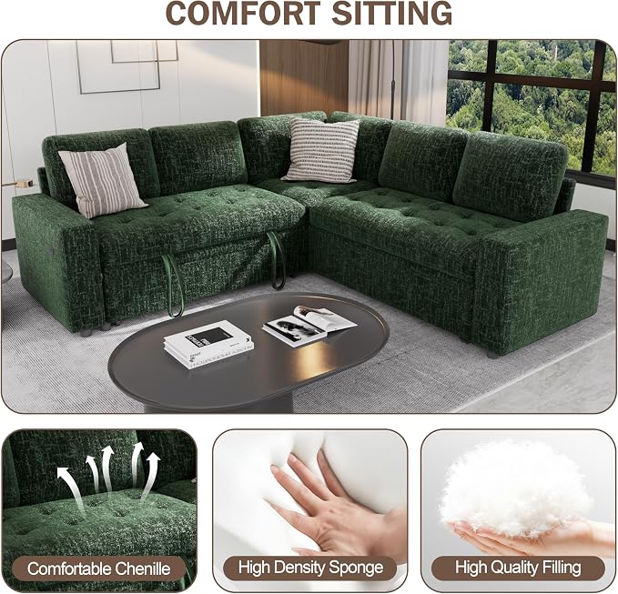 Sunny Heart Modular Sectional Sleeper Sofa with Pull Out Bed, Chenille L Shaped Sectional Sofa with USB Ports/Adjustable Backrest/Storage Seats, Tool-Free Assembly, Couches for Living Room Green