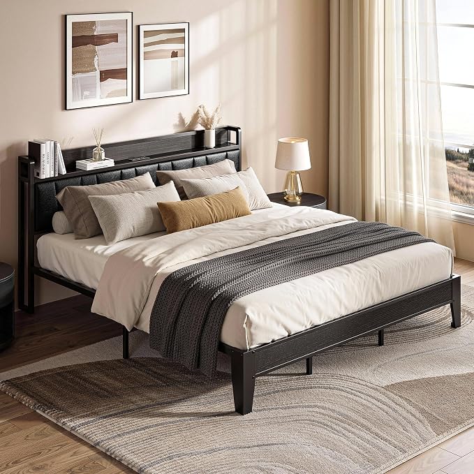 LIKIMIO California King Bed Frame, PU Leather Storage Headboard with Charging Station, Solid and Stable, Noise Free, No Box Spring Needed, Easy Assembly, Black