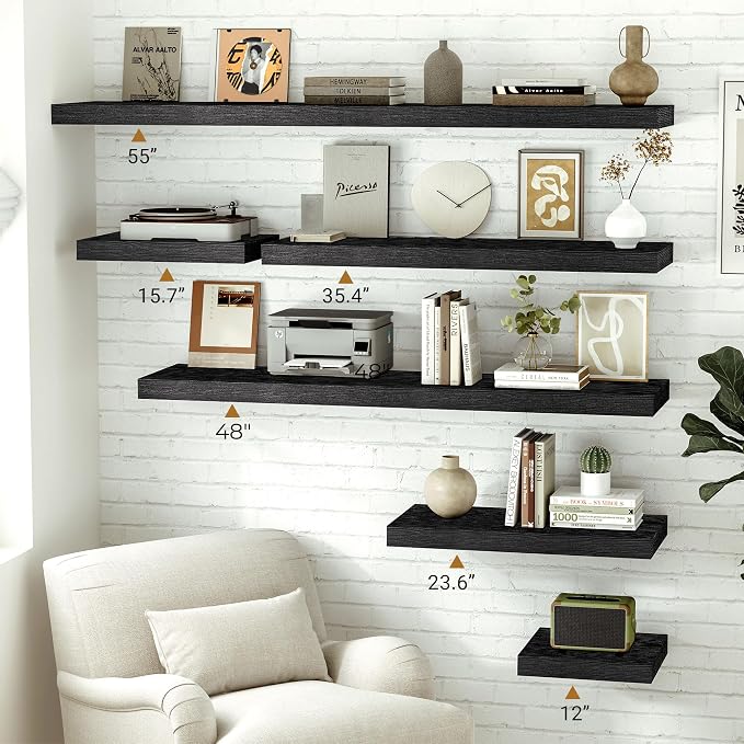 Vivelove Black Floating Shelves for Wall 48 Inches Wide, 12" Deep Wall Shelves for Bedroom, Bathroom, Living Room, Kitchen, Office, Home Decor Shelf with Invisible Brackets, 48X12X1.5 Set of 2