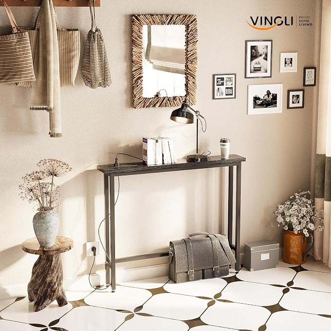 VINGLI 39" Console Table with Charging Station, 5.9" Narrow Sofa Table Behind Couch, Entryway Table with Power Outlet & 4.9 Ft Extension Cord & Adjustable Feet, for Living Room, Hallway, Black