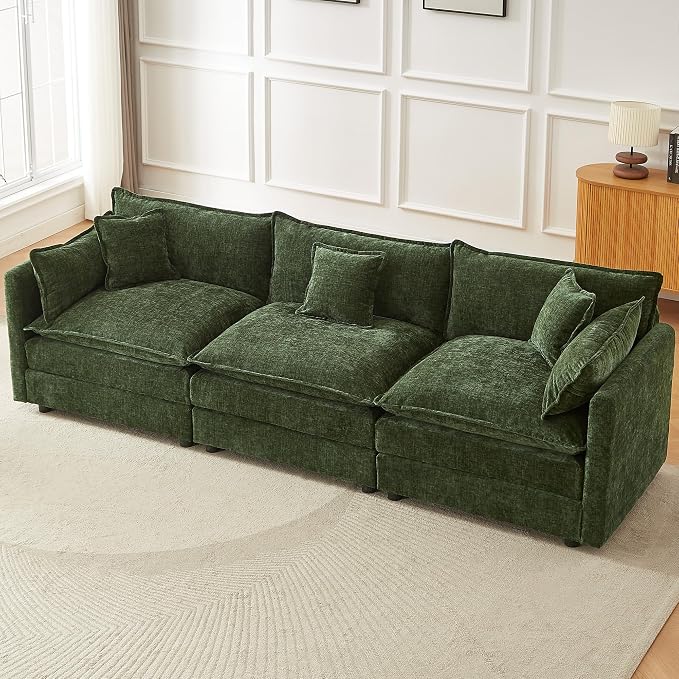 Modular Sectional Sofa, 112.2 Inch Rectangle Shaped Couch Set with Armrests, 3-Seater Comfy Cloud Couches for Living Room Apartment, Green