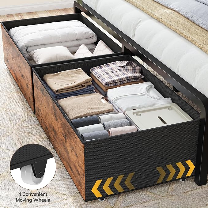 Homkdom Queen Size Bed Frame with 8 Fabric Drawers Storage, LED Lights & Charging Station, and Headboard Storage,Offering Noise-Free Support and Easy Assembly for Bedroom,Modern Brown