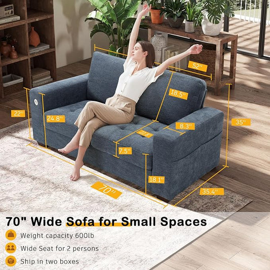 Hanherry 70" Loveseat Sofa for Living Room, Modern Comfy Couch with Medium Firm Seat Cushion, Removable Cover,Wide Armrest,USB/Type-C Port,Chenille Fabric Couches for Small Space,Apartment,Bedroom