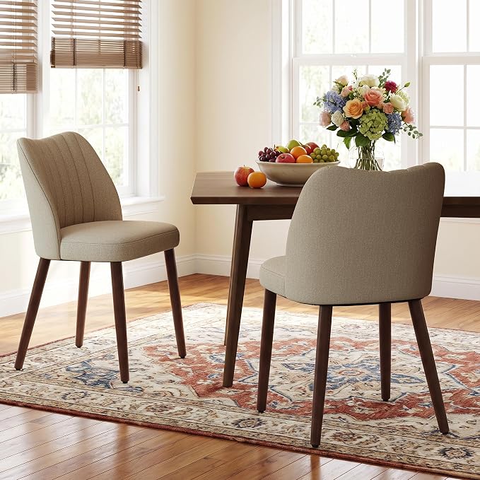 Upholstered Dining Chairs Set of 2, Modern Fabric Dining Chairs with Curved Backrest & Solid Rubber Wood Legs, Padded Kitchen Dining Room Chairs for Restaurant Cafe, Camel