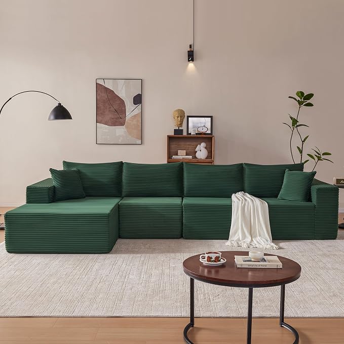 Mangodan 140” Cloud Sectional Couch, Modular Sectional Sofa with Deep Seat, Boneless Sofa for Living Room, Fluffy Comfy L-Shaped Couch with Left Facing Chaise, No Assembly Required, Green