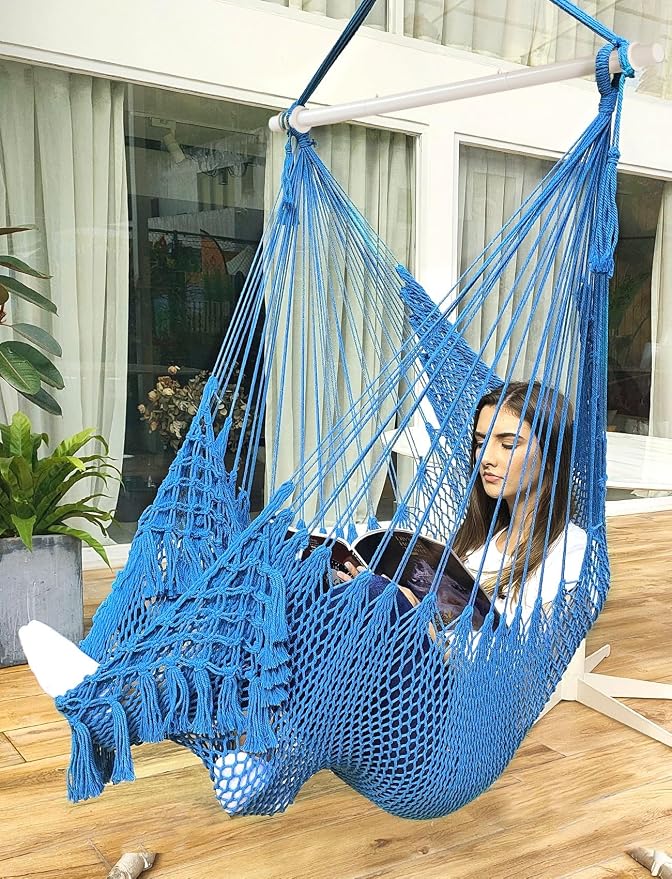 Chihee Hammock Chair Handmade Hanging Chair Cotton Rope Woven Hanging Seat Soft-Spun Large Stretch Hammock Swing, Collapsible Strong Metal Spreader Bar Elegant Macrame Comfort Indoor Outdoor Garden