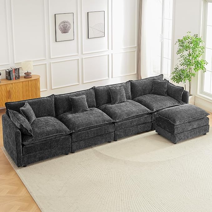 Modular Sectional Sofa, 147.2 Inch L Shaped Couch Set with Armrests, 4-Seater Comfy Cloud Couches with Movable Ottoman for Living Room Apartment, Grey