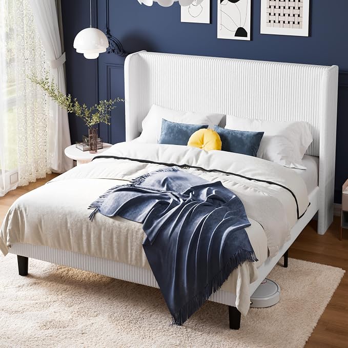 Allewie Full Size Bed Frame with Upholstered Wingback Headboard, Vertical Channel Tufted Corduroy Velvet Platform Bed, Strong Wooden Slats Support, No Box Spring Needed, Easy Assembly, Sturdy, White