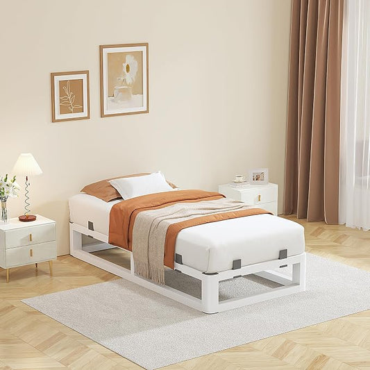 10 Inch Twin Bed Frames with Rounded Corner and Squeak Free U-Slot Design, Metal Platform Bed Frames 6 Non-Slip Guards, 3500lbs Heavy Duty Steel Slat Support, No Box Spring Needed, White
