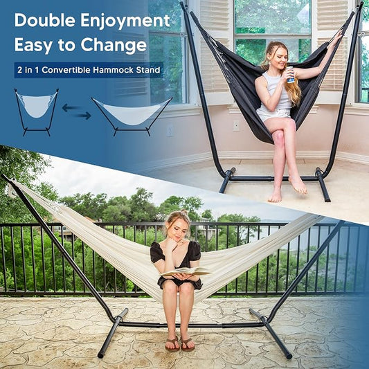 SUNCREAT 2-in-1 Hammocks Convertible Portable Double Hammock with Stand, Outdoor Hammock with Stand Included, Patented, Natural