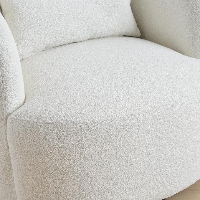 KINWELL 34" Wide Sherpa Swivel Barrel Chair, No Assembly Round Boucle Upholstered Accent Chair Armchair Single Sofa Chair with Toss Pillow for Living Room and Bedroom, Beige