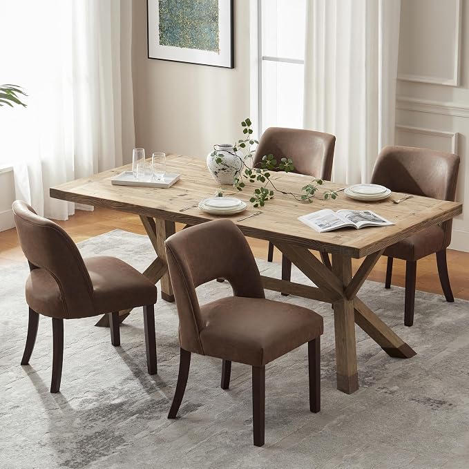 VKNOW Modern Dining Chairs Set of 2 with Rubberwood Legs, Dark Brown | Faux Leather, Curved Back, For family, Kitchen Dining RoomRestaurant Reception Room, No wobble, 80% pre-installed