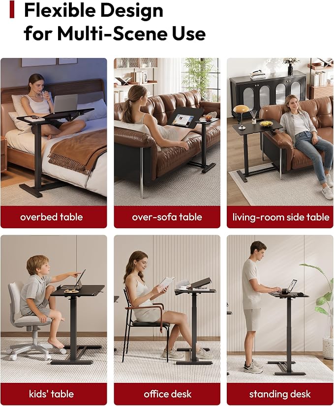 SANODESK Small Rolling Overbed Table Adjustable Height with Wheels, Mobile Laptop Desk with Tilting Desktop, Portable Computer Workstation for Home Office, Classroom, Bedside, Black