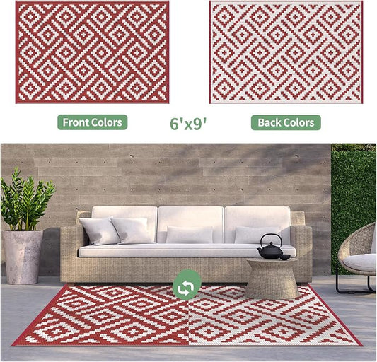 GENIMO Outdoor Rug for Patio Clearance, 6'x9' Reversible Plastic Straw Rugs, Lightweight Waterproof RV Camping Mat for Camper, Balcony, Deck, Backyard, Picnic, Red White