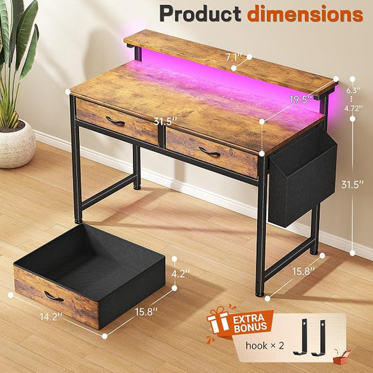 Gaming Desk with LED Lights with 2 Drawers, 31 Inch Desk Home Office Desk Computer Desk with Side Pocket & Ergonomic Monitor Stand, Small Space Study Writing Table with Anti-Tip Design, Rustic Brown