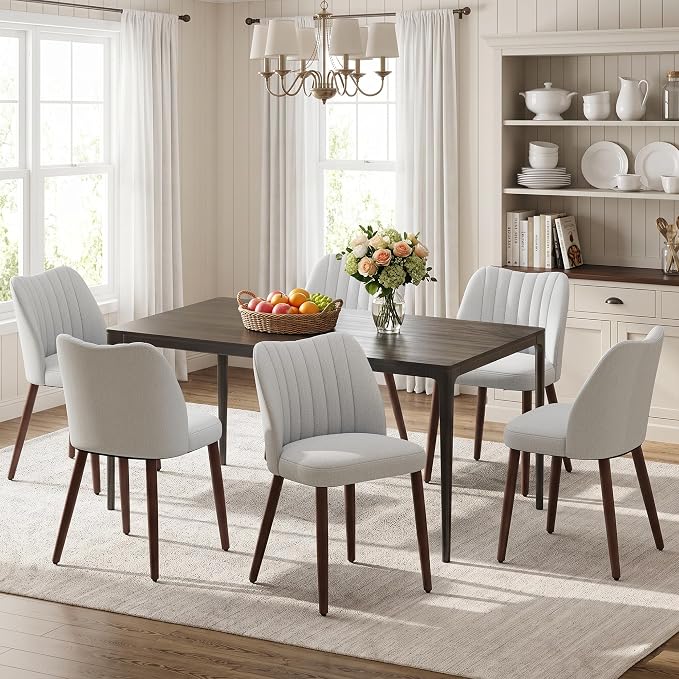 Upholstered Dining Chairs Set of 6, Modern Fabric Dining Chairs with Curved Backrest & Solid Rubber Wood Legs, Padded Kitchen Dining Room Chairs for Restaurant Cafe, Light Grey