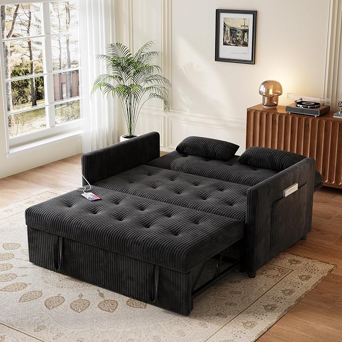 Sofa Bed, Loveseat 3-in-1 Sleeper Sofa with Pull Out Bed, Pockets and USB, Modern 2 Seater Convertible Small Couch for Living Room Bedroom Apartment (Black, Corduroy)