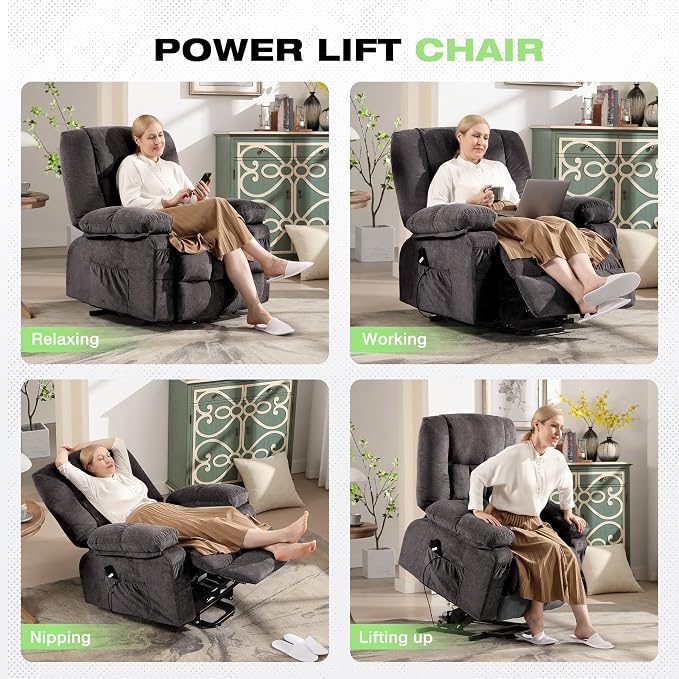 BOSMILLER Power Lift Recliner Chair with Massage and Heat for Elderly,Electric Lift Chair with USB Charging Runction and Side Pockets, Suitable for Living Rooms and bedrooms,Grey