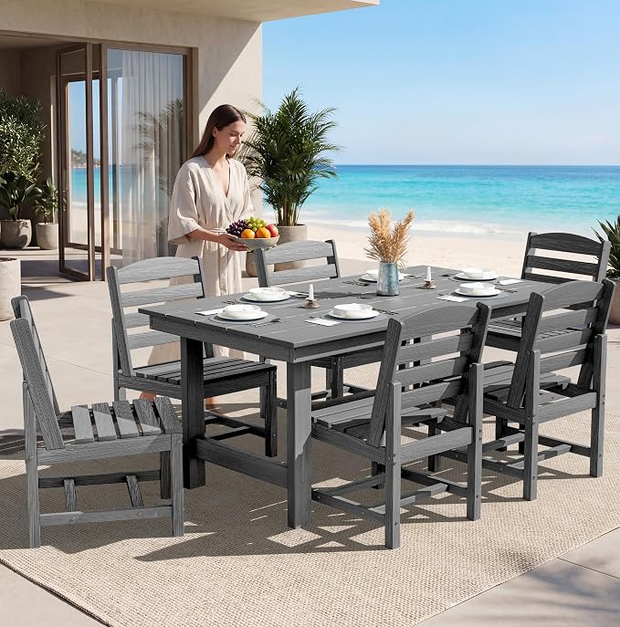 SERWALL Outdoor Dining Sets for 6, HDPE Dining Set with 6 Armless Chairs, Gray