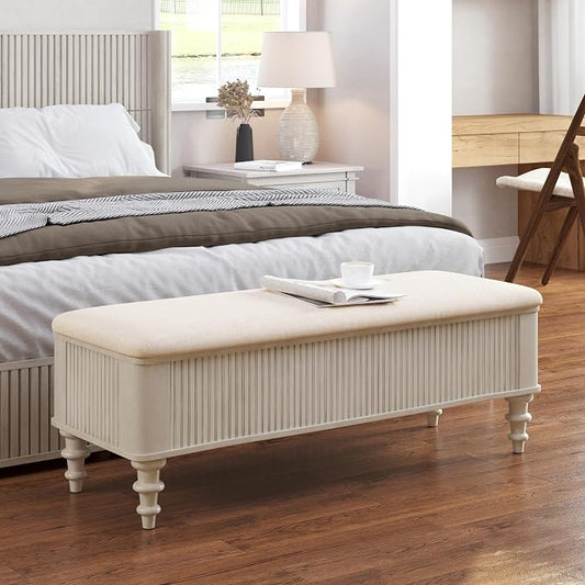 Storage Ottoman Bench 50.8" Rubberwood Linen Beige | Linen Seat, Storage Bench for Bedroom, Entryway Shoe Organizer for Bedroom, Living Room, Entryway, Closet, Beige