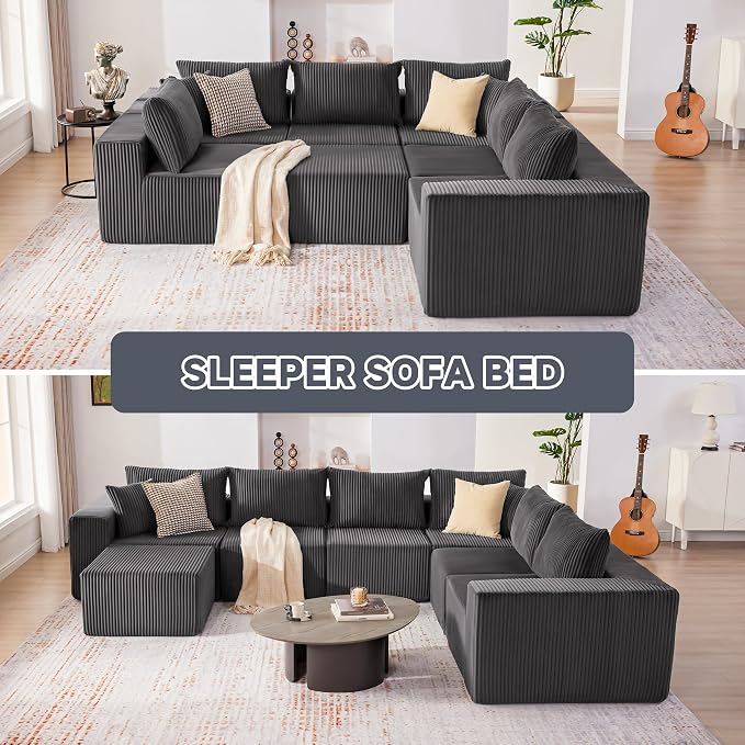 Cloud Couch Sectional, Modular Sofa with Deep Seat, Convertible Sectional Couches for Living Room, Plush Corduroy U Shaped Boneless Couch (Darkgrey, 6 Seater & 1 Ottoman)