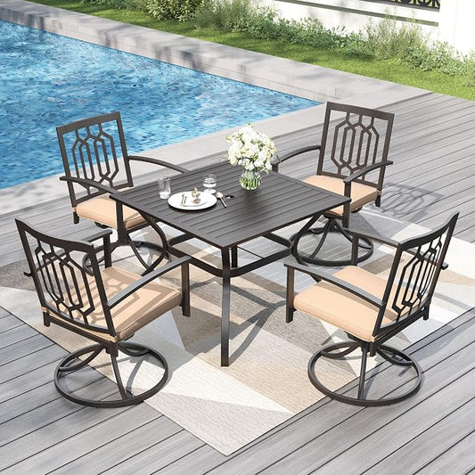 PHI VILLA 5 Pieces Outdoor Dining Set for 4, 37" Black Square Wrought Iron Table with Umbrella Hole & Metal Swivel Chairs with Cushions, Outside Furniture for Patio, Deck, Yard, Porch