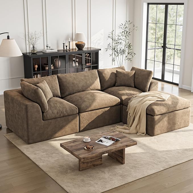 Cloud Sectional Couches for Living Room | 108 Inch L-Shaped Boneless Couch with Ottoman | Brown Modular Sectionals Sofa Couch