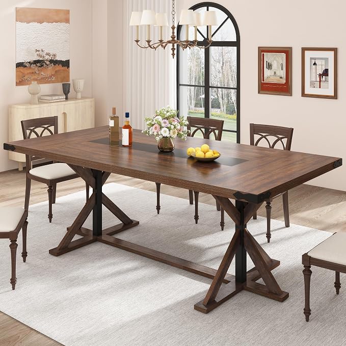 Hlivelood 78 Inch Dining Table for 8 People, Rectangular Kitchen Farmhouse Table W/Thickness Waterproof Wood Tabletop,Long Dining Room Tables W/Wood Strip Base for Kitchen Living Room(78IN Brown)