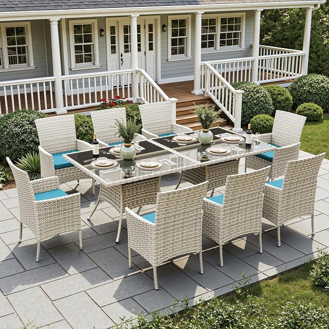 10-Piece Patio Dining Set, Patio Furniture Set with Square Tempered Glass Table & 8 Wicker Chairs, Expandable Design for Larger Groups, Outdoor Furniture for Backyard, Deck, Garden, Turquoise