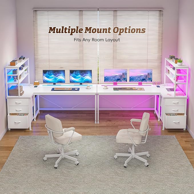 L Shaped White Desk with Aluminum LED Lights, 3 Silent Fabric Drawers & Shelf, Reversible Gaming Desk with Power Charging Station and PC Stand of Home Office Desk,Vanity Desk for Bedroom,White