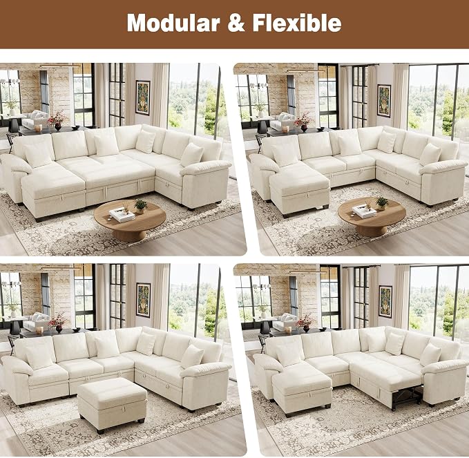 Ihanherry 108" Modular Sectional Sofa with Pull Out Bed, 7-Seater L Shaped Sectional Sleeper Couch with Storage, Chenille Convertible Couches for Living Room, Apartment (Beige)