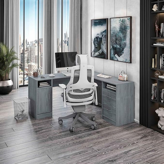 Techni Mobili Functional L-Shaped Computer Desk with storage, L is 59.5" wide x 59.5" Long, Grey
