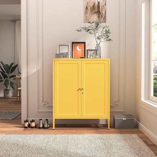 Accent Cabinet Locker, Square Storage Cabinet 36 Inch High, Freestanding Metal Storage Cabinet with 2 Doors and 2 Adjustable Shelves, Multifunctional Cabinet for Home, Hallway and Office Yellow