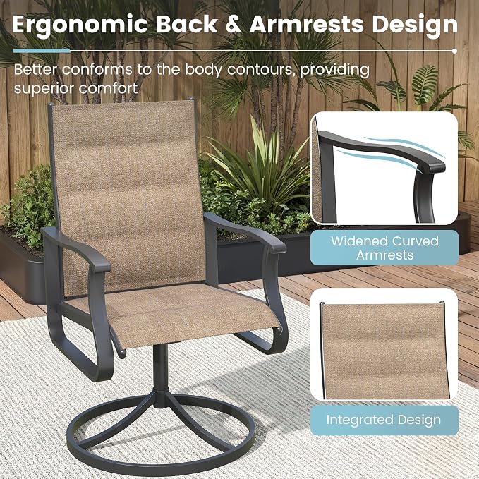 7 Pieces Patio Dining Set, Padded Patio Outdoor Furniture Set of 6 Patio Swivel Dining Chairs and Patio Spliced Rectangular Tabletop with Umbrella Hole, for Deck, Backyard, Poolside & Garden