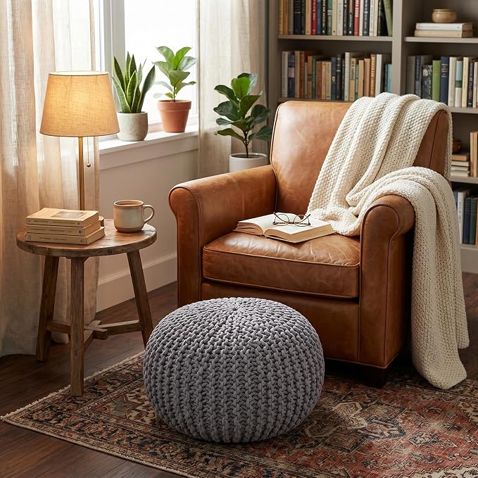 BIRDROCK HOME Round Pouf Ottoman Foot Rest - 18.5”x18.5”x15” Boho Compact Comfortable Soft Cotton Braided Foot Stool with Bean Bag Filling for Living Room, Bedroom, or Nursery (Light Gray)