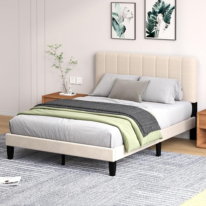 Queen Size Bed Frame with Headboard, Platform Bed with Soft Velvet Upholstered Headboard | Wooden Slats Support | Adjustable Height | No Box Spring Needed, Queen Bed Frame Beige