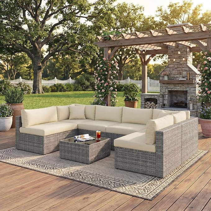 May in Color 7 Pieces Wicker Outdoor Patio Furniture Set, Patio Sectional Sofa with Coffee Table, All-Weather Outdoor Sectional Furniture for Garden Backyard, Beige