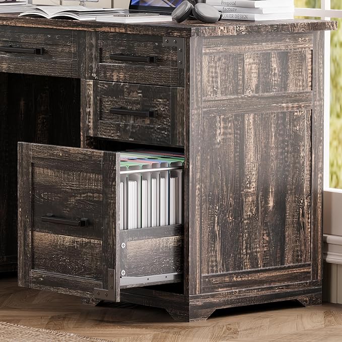 LUMISOL 55” Farmhouse Executive Desk with Charging Station and Power Outlet, Computer Desk with 5 Drawers and Cabinet, Rustic Wood Writing Study Table with File Drawer, Rustic Grey